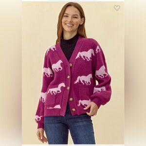 NWT JODIFL Women's Pink purple Horse Pattern button Sweater Cardigan size L  🐎